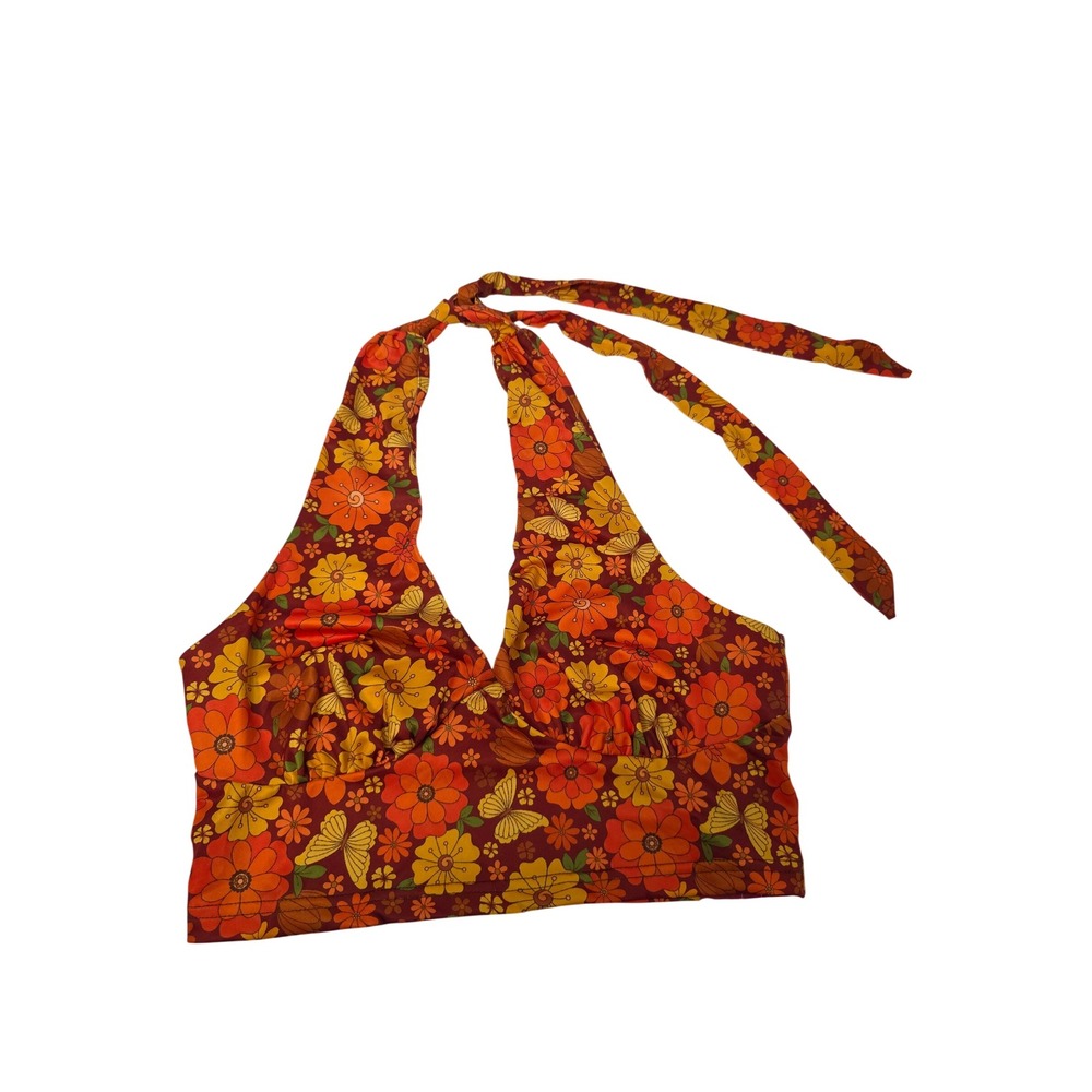 Verdusa W's Orange Floral ButterflyRetro 70s Halter Neck Top Size M NEW! Hippie
